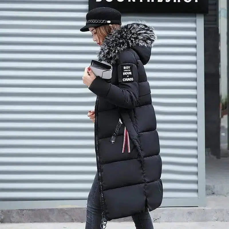 Winter Elegance: Chic Padded Jacket with korean Fur Hood-Black-5