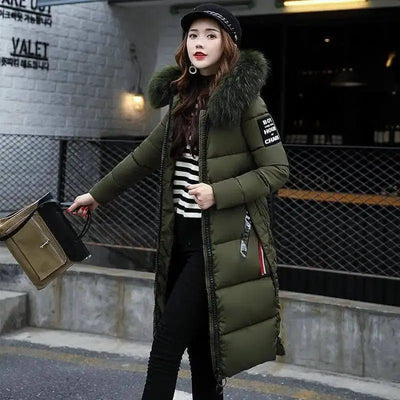 Winter Elegance: Chic Padded Jacket with korean Fur Hood-ArmyGreen-8