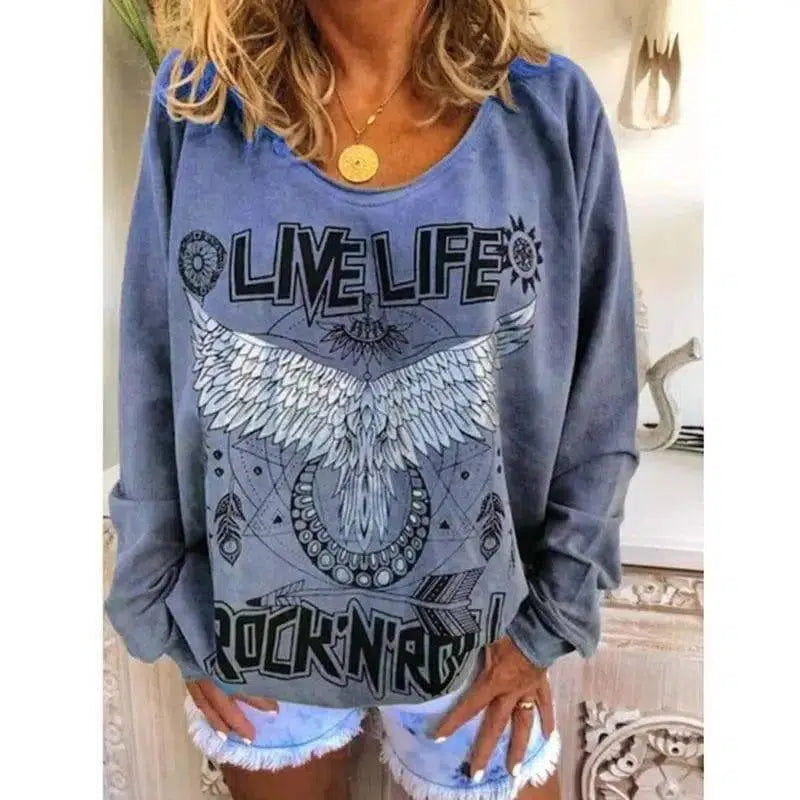 LOVEMI - Lovemi - Women Loose Round Neck Printed Sweater