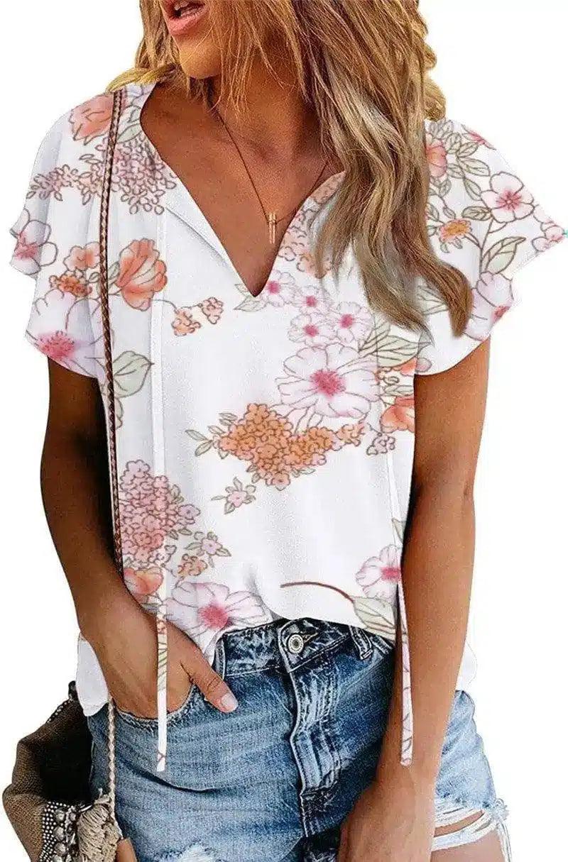 Floral V-Neck Women's Casual Blouse-Ivory Garden-6