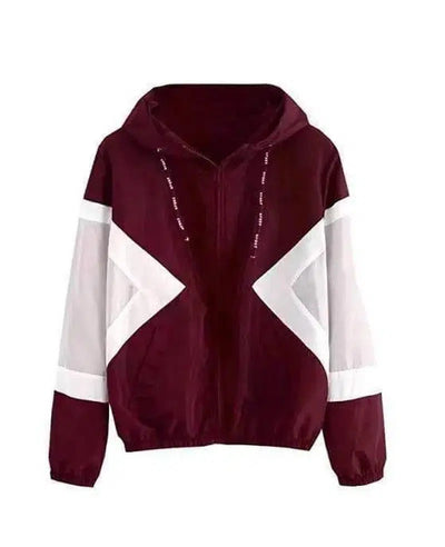 Women's Color Block Elastic Band Waist Hooded Jacket-Red-3