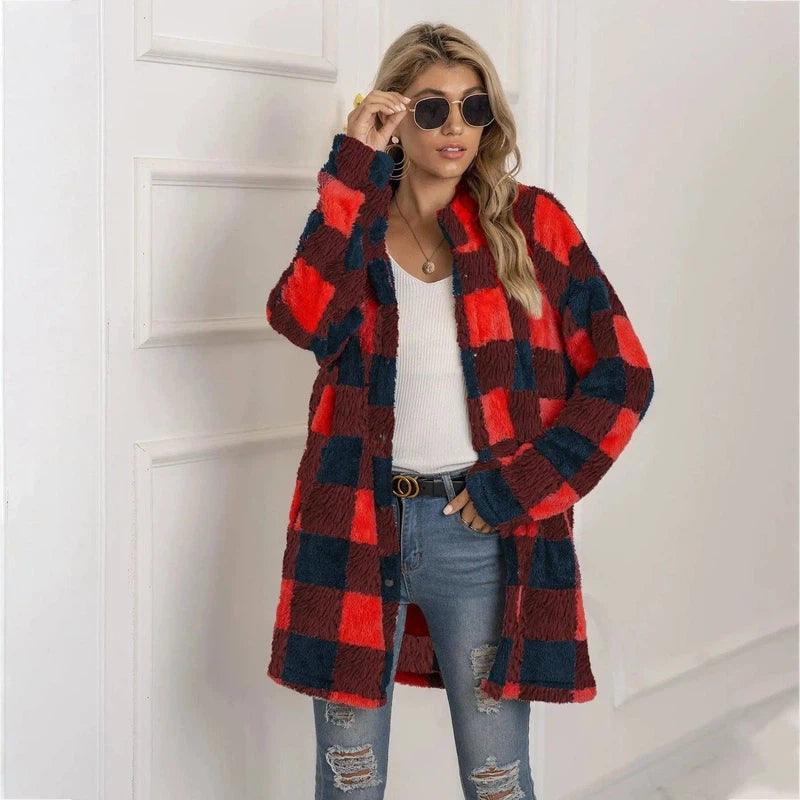 Plaid Wool Blend Long Coat for Women-Red coffee-14