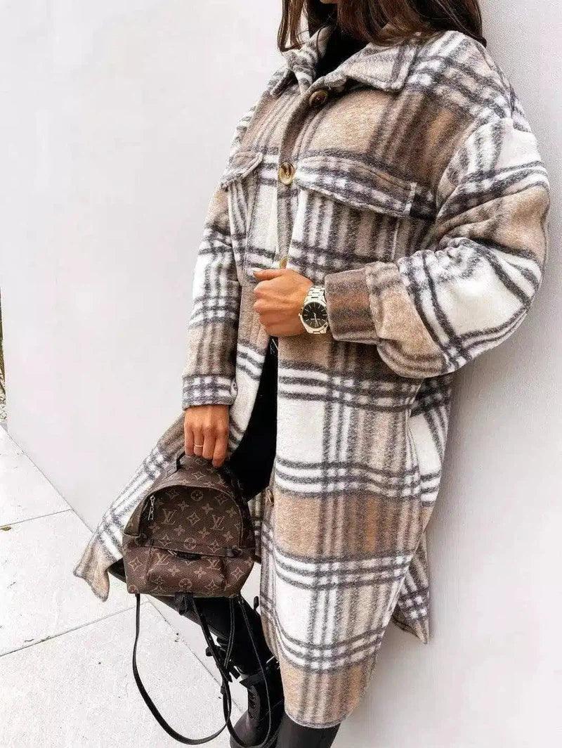 Plaid Wool Blend Long Coat for Women-Khaki-2