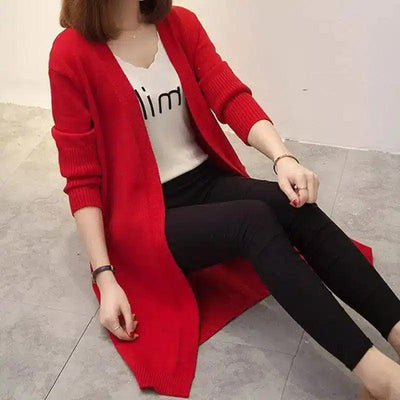 Women's Long Knit Cardigan with Pockets-Red-4