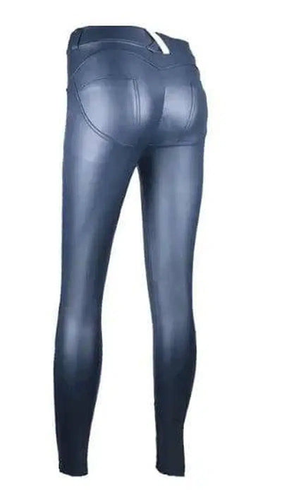 Women's Peach Hip Color High Elastic Leather Pants-Navy Blue-5