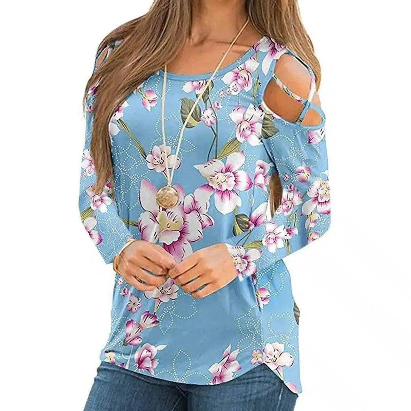 LOVEMI - Lovemi - Women's Printed Long Sleeve Off Shoulder T-Shirt