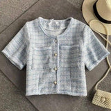 Women's Short Sleeve Knit Cardigan-Light Blue-2