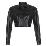 Faux Leather Cropped Jacket for Women-Black-2