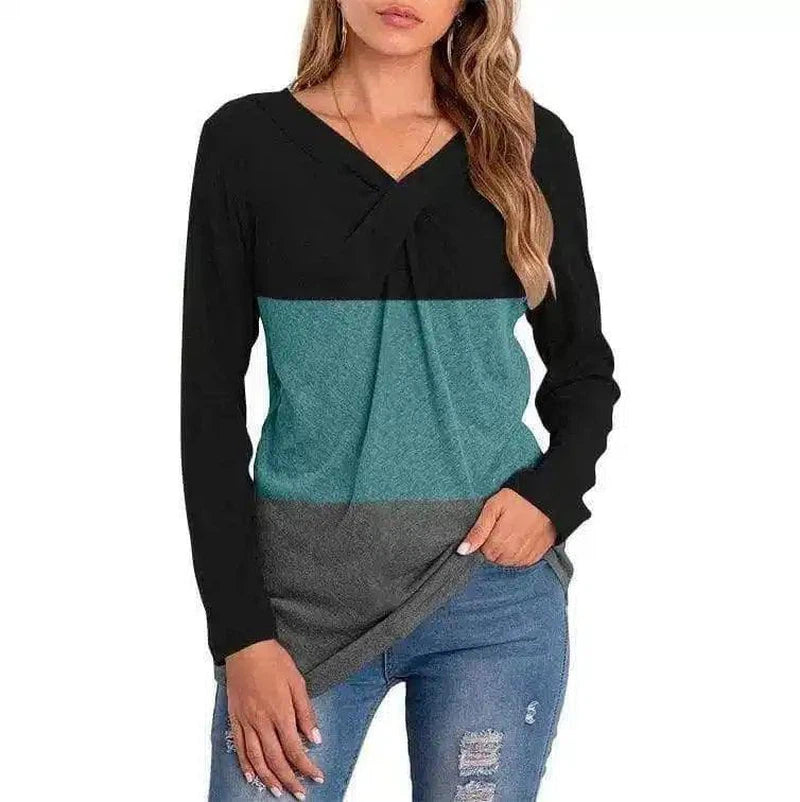 LOVEMI - Lovemi - Women's V-neck Long-sleeved Stitching T-shirt Top