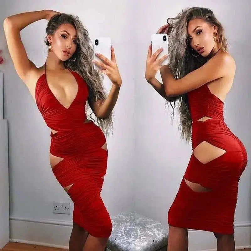 Womens Bodycon Halter Deep V Neck Cut Out Sleeveless-Red-21