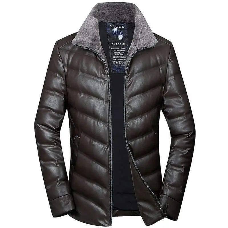 Wool collar youth men's leather down jacket short warm down-Coffee-3