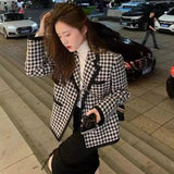 Houndstooth Pattern Women's Blazer Jacket-black white-1