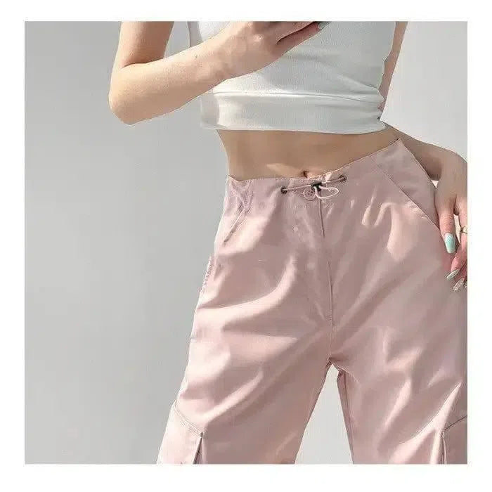 Low-waisted Drawstring Three-dimensional Pocket Work Pants-Pink-2