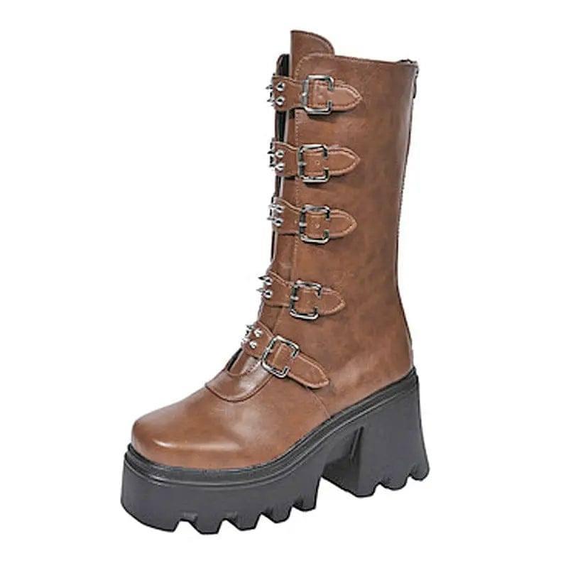 Medium Tube Motorcycle Thick-soled Martin Boots Women-Brown-4