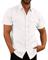 Men's Button Short Sleeve Shirt Summer Casual Double Pocket-White-2