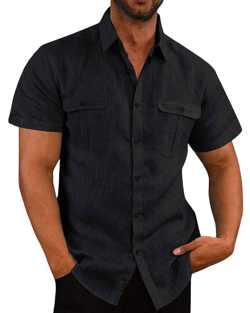 Men's Button Short Sleeve Shirt Summer Casual Double Pocket Wide Collar Beach Shirt Summer Apricot / 3XL-Black-3