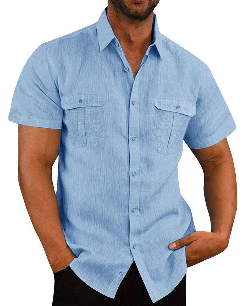 Men's Button Short Sleeve Shirt Summer Casual Double Pocket Wide Collar Beach Shirt Summer Apricot / 3XL-Light blue-4