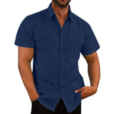 Men's Button Short Sleeve Shirt Summer Casual Double Pocket Wide Collar Beach Shirt Summer Apricot / 3XL-Navy blue-6