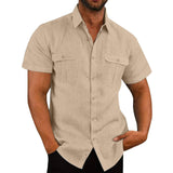 Men's Button Short Sleeve Shirt Summer Casual Double Pocket Wide Collar Beach Shirt Summer Apricot / 3XL-Apricot-7