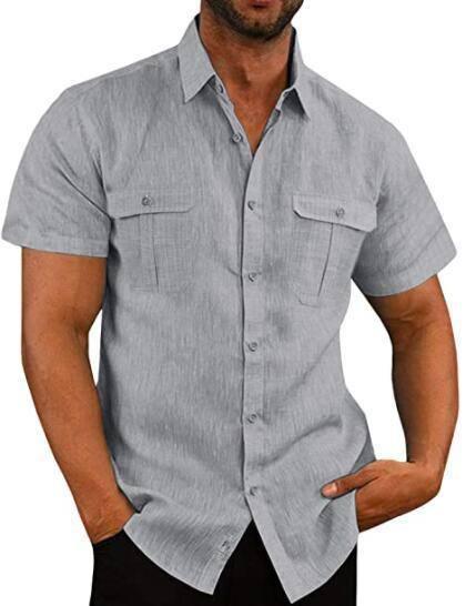 Men's Button Short Sleeve Shirt Summer Casual Double Pocket Wide Collar Beach Shirt Summer Apricot / 3XL-Gray-8