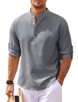 Men's Casual Shirt Long Sleeve Stand Collar Solid Color-Dark Gray-11