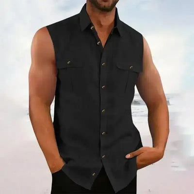 Men's Casual Solid Color Sleeveless Shirt-Black-3