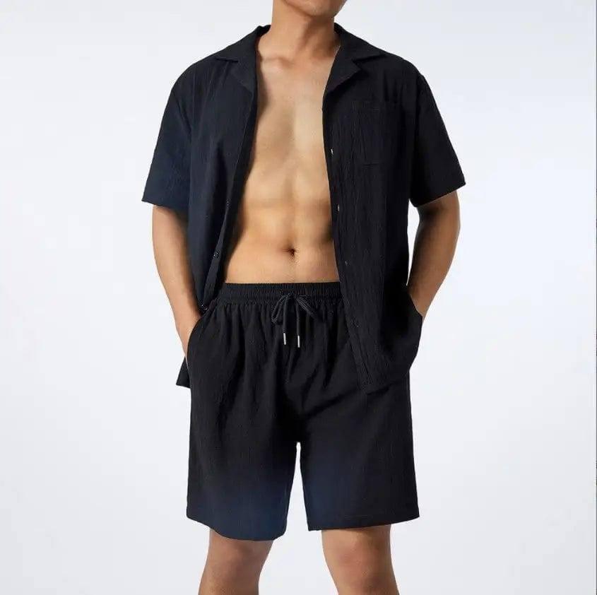 Men's Fashion Loose Casual Men's Shirt Two-Piece Set-Black-3