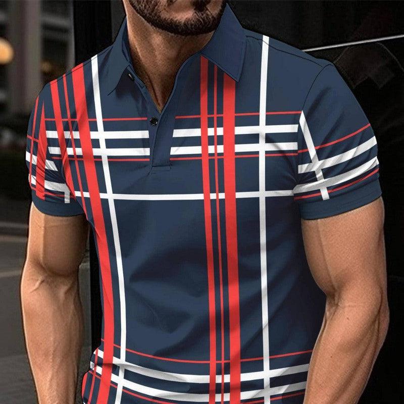 Men's Printed Lapel Button Sport Short Sleeved Shirt Navy Blue / 3XL-3