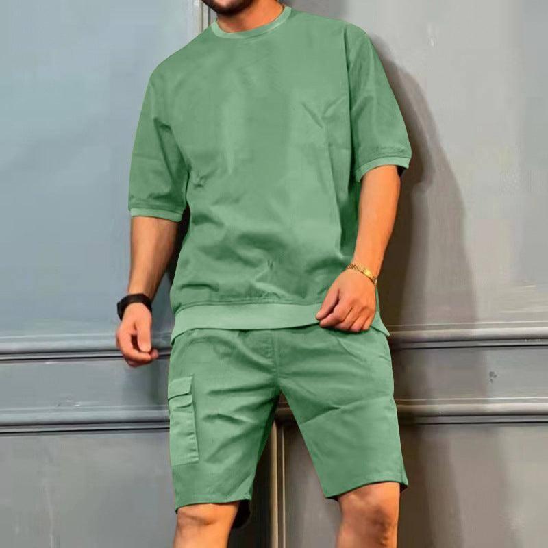 Men's Sports Suits Summer Round Neck Short-sleeved Top And-Green-6