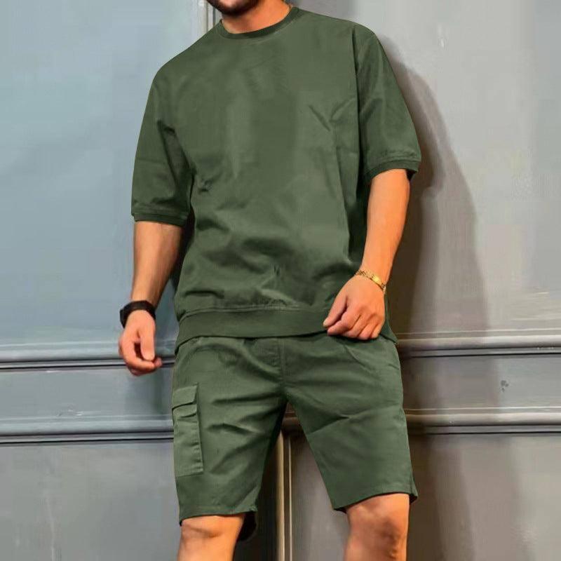 Men's Sports Suits Summer Round Neck Short-sleeved Top And Khaki / 3XL-Grey Green-7