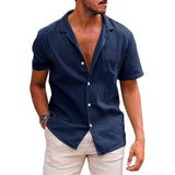 Men's Tops Casual Button Down Shirt Short Sleeve Beach Shirt-Navy blue-9