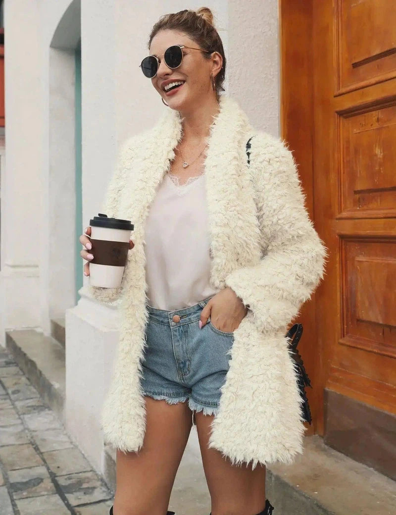 Mid-length faux fur fur long-sleeved jacket-Beige-1