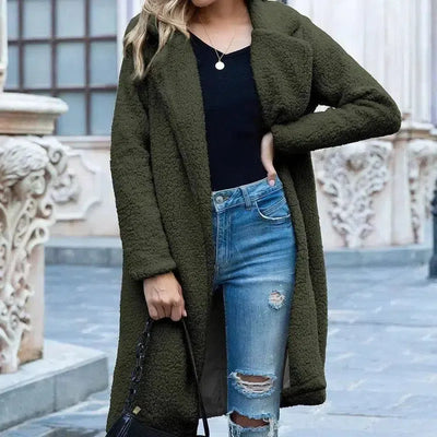 Mid Length Lapel Sweater Cardigan Sherpa Jacket-Army green-21