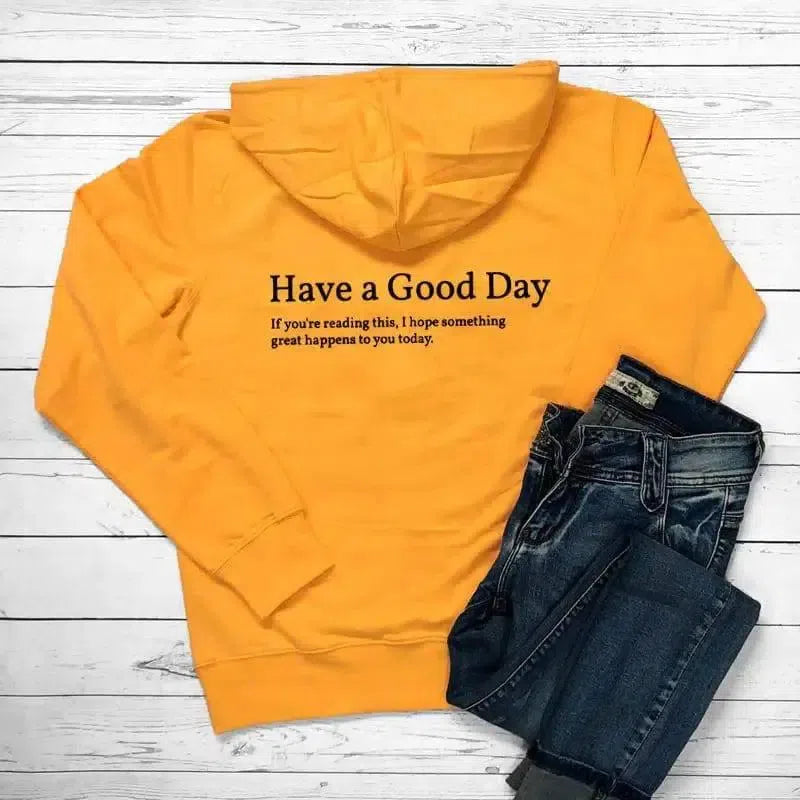 Minimalist Have A Good Day Printed Back Casual Hooded Pocket-Yellow-2