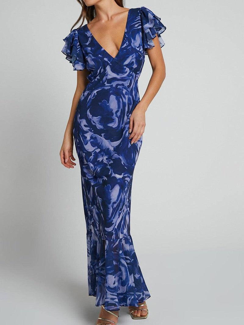 New European And American Printed Chiffon Maxi Dress-Navy Blue-3