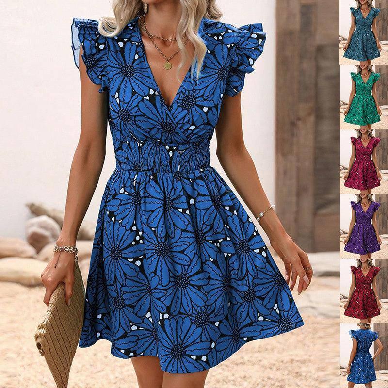 New Flowers Print Ruffled Sleeveless Dress Summer Sexy Deep-1