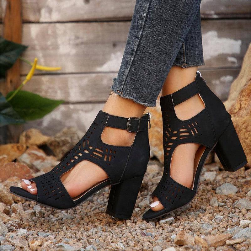 New High Square Heel Hollow Roman Shoes With Back Zipper-2