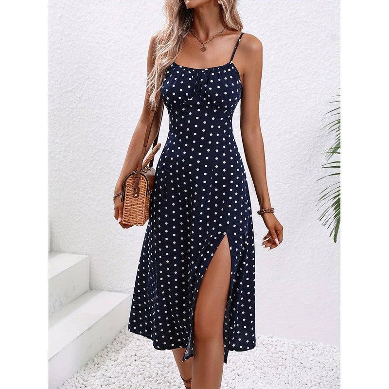 New Polka Dot Print Suspender Dress Summer Slit Long-Royal Blue-4