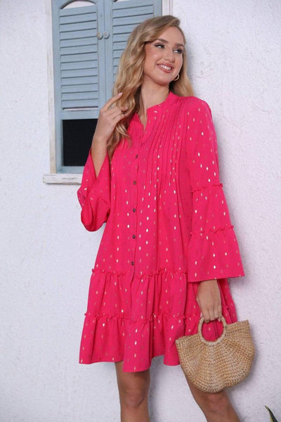 New Printed Bronzing Pleated Flared Long Sleeve Dress Summer-Rose Red-8