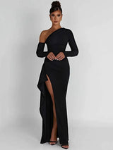 Oblique Shoulder High Split Maxi Dress - Backless Party-S-1