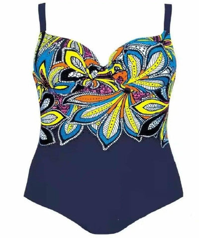 One Piece Retro Swimsuit Digital Print One Piece Bikini-Blue-3