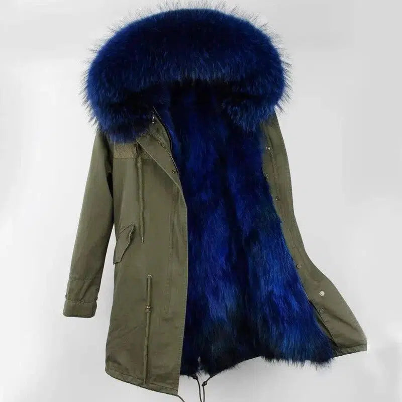 Oversized raccoon fur collar parka coat-Army green blue-10