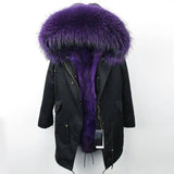 Oversized raccoon fur collar parka coat-Black purple-11