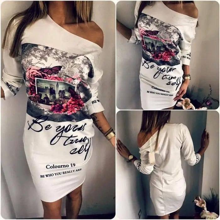 Personalized Printed Loose Slanted Shoulder Mini Dress-1White-6