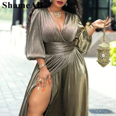 Women plus size Long Sleeve V Neck High Slit Maxi Prom Dress 3XL Metallic French Wrap Dresses Elegant Evening Party Robe Vestido-4