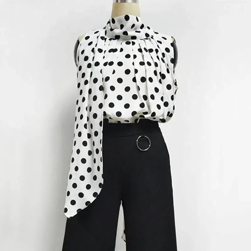 Plus Size Bow Print Big Dot Turtleneck Blouses Shirts 4XL 5XL Streetwear Sleeveless Loose Blouse-3