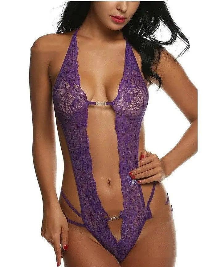 Plus size sexy one-piece lingerie lace sexy bodysuit women-Purplee-2