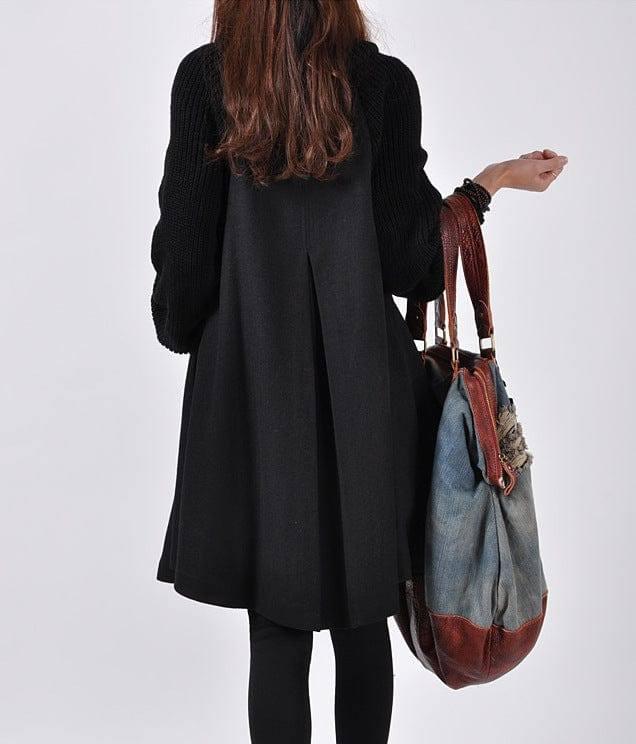 Plus Size Women's Mid-length Loose Woolen Coat-Black-4