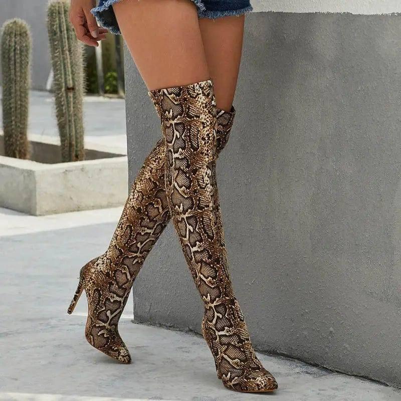 Pointed Print Stiletto Heel Over The Knee Stretch Boots-5