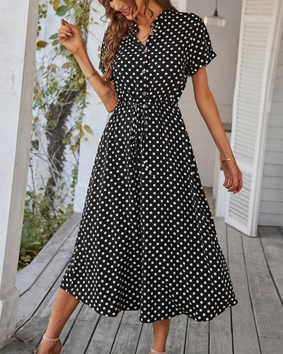 Polka Dot Print Shirt Collar Large Swing Dress-8